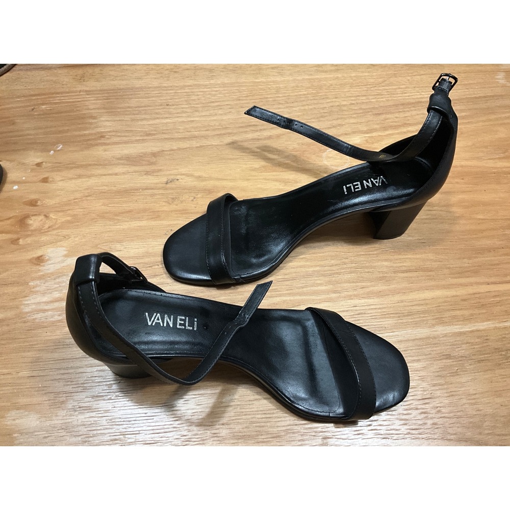 Van Eli Womens Black Leather Block Heel Ankle Strap Sandals Size 9.5 N Narrow